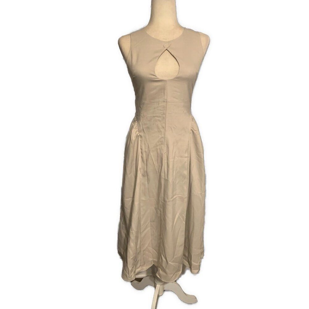 Womens Solid Beige Cotton Spandex Tank MIDI AโLine Dress Small